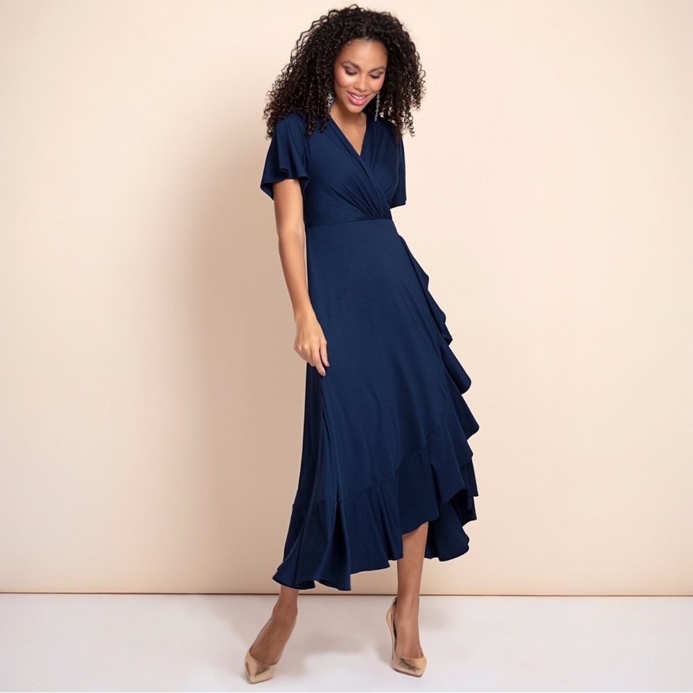 Alie Street Waterfall Maxi Wrap Dress Size 1 = US 4 - 6 Navy Blue Formal Wedding - Picture 14 of 14